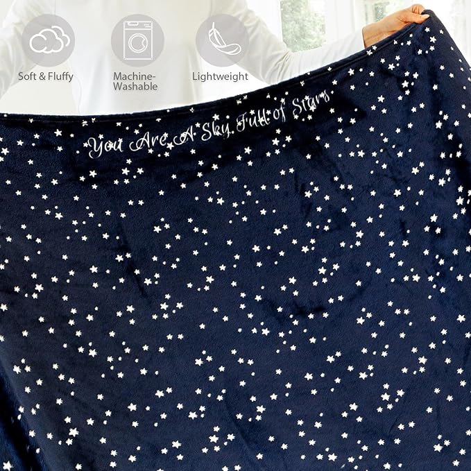 NANPIPER Fleece Blankets,Soft Fuzzy Star Foil Print Throw,Embroidered Letter Gift,Luxury Cozy Microfiber Twin Size,65"x 80" Navy