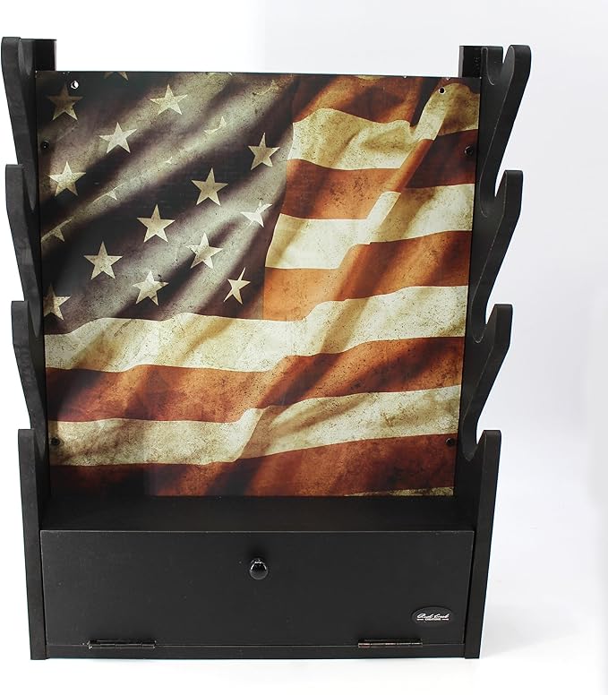 Rush Creek Creations, Gun Rack for Wall, Storage for 4 Guns, Rifles or Shotguns, American Flag Gun Rack Display, Wall Mount, Additional Storage for Gun Accessories