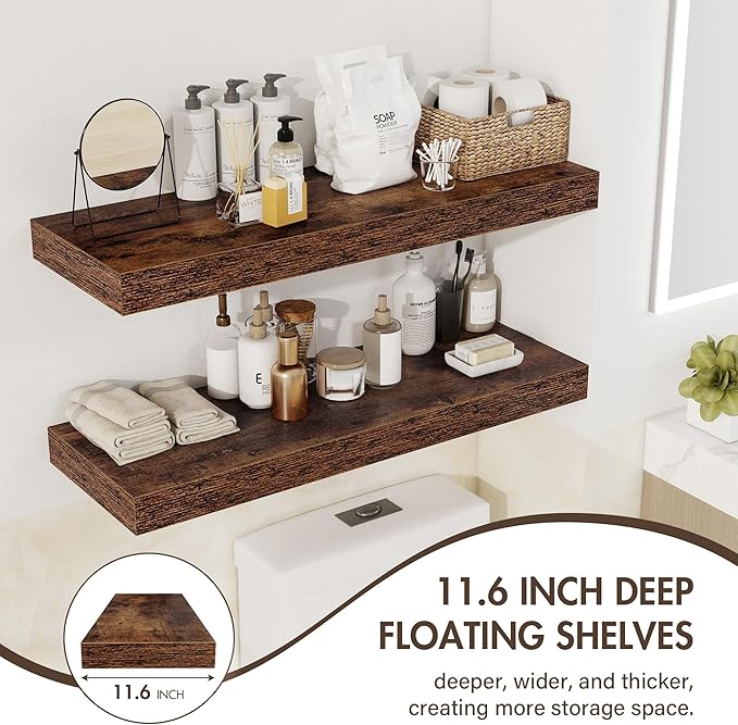36 Inch Floating Shelves, 12" Deep Floating Shelf Wall Mounted, 36" Wall Shelves, Rustic Deep Bookshelf, Extra Deeper & Thicker Display Shelves for Bedroom, Living Room, Brown, Set of 2