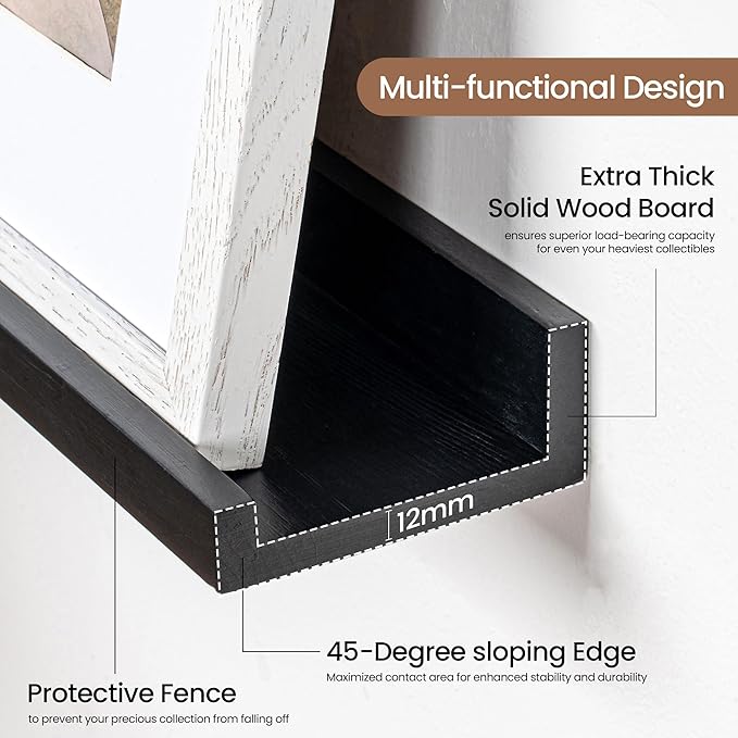 Picture Ledge Shelf, Floating Shelves Set of 2, 24 Inches Solid Wood Nursery Book Shelves for Toys Storage, Kids Bookshelf Wall Mounted for Living Room Bedroom Decor Books Photo Frames, Black