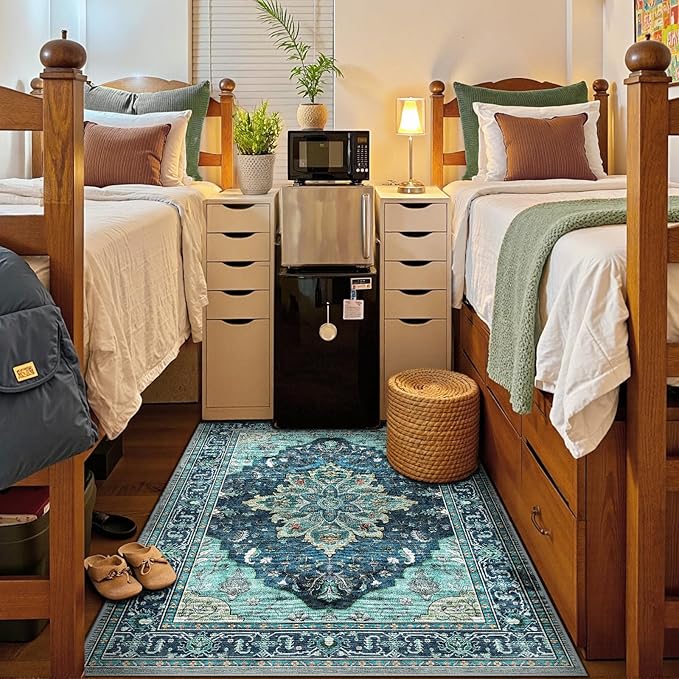 RELEANY Area Rugs 4'x6' Washable Non-Slip, Floral Vintage Distress Print Pattern Medallion Carpet for Living Room Bedroom Dining Room, Teal Green Lake Blue Turquoise
