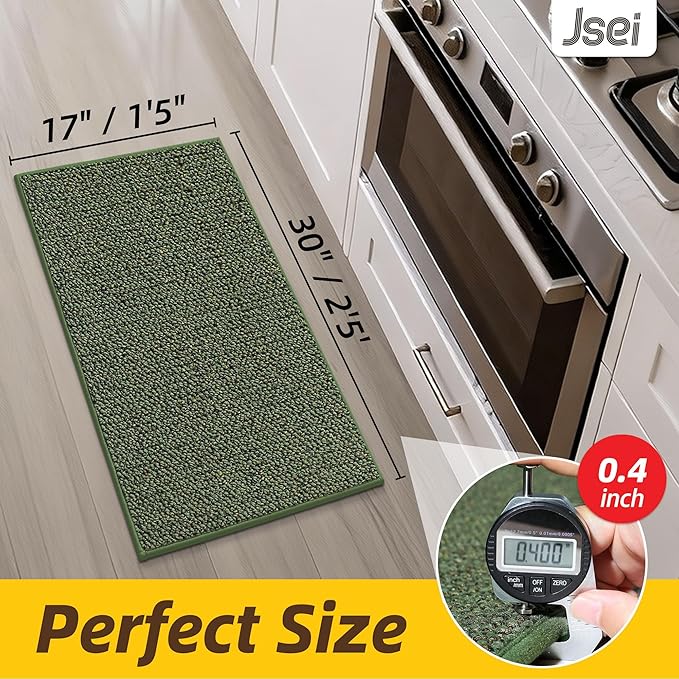JSEI Kitchen Rugs, 17''x30'' Non-Slip Kitchen Mats for Floor, Machine Washable Absorbent and Stain Resistant Kitchen Runner, Carpet Mats with TPR Backing for Kitchen, Green