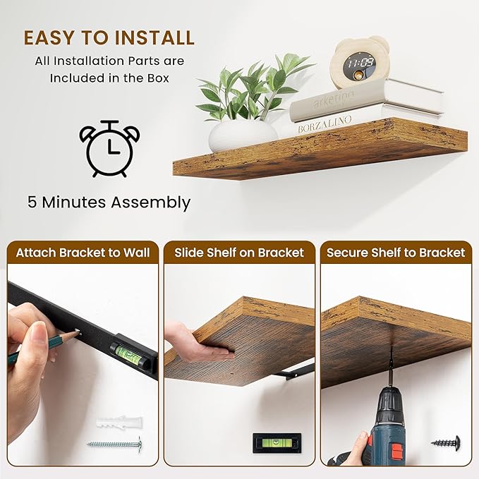 Fun Memories 24 Inch Floating Shelves, 9.3 Inch Deep Rustic Wall Shelves - Extra Deeper Wall Mounted Storage Shelves for Bathroom, Kitchen, Living Room (Brown, Set of 2)