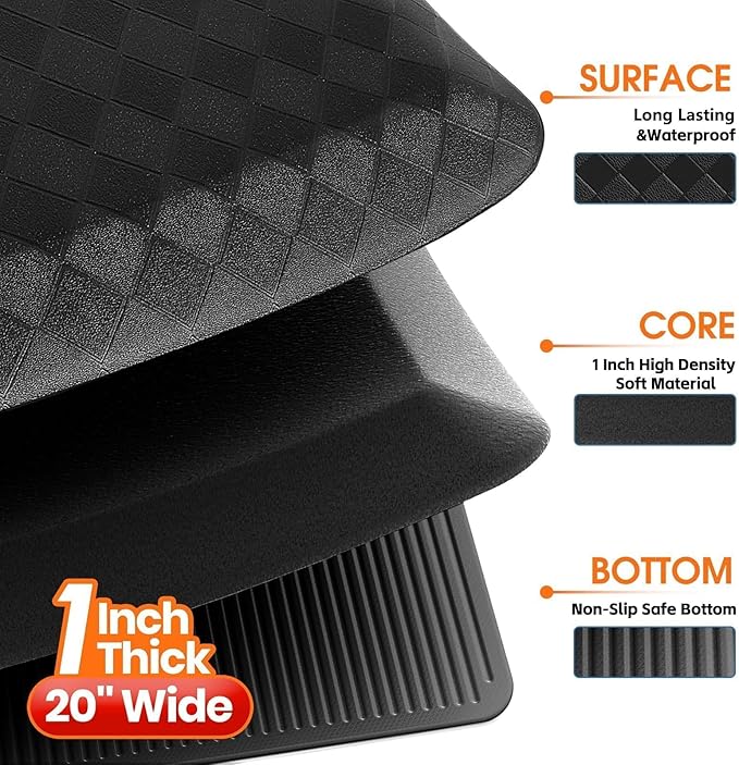 StepRite 1” Thick Kitchen Mats for Floor, Anti Fatigue Kitchen Rugs, Non-Slip,Heavy Duty Waterproof Kitchen Rug, Standing Desk Mat, Gifts for Friends, Family, Home, Kitchen, Office (72" x 20", Black)
