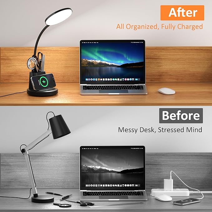 Desk Lamp with Wireless Charger, LED Desk Lamp for Home Office with Pen Holder, Dimmable Eye-Caring Study Desk Light Flexible Arm 3 Color Modes for College Dorm, 800 Lumens CRI 90