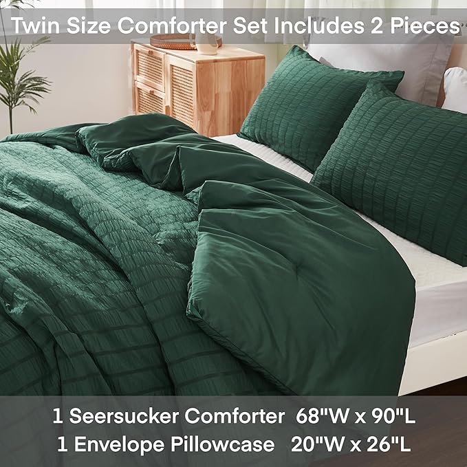 AveLom Dark Green Seersucker Twin Comforter Set (68x90 inches), 2 Pieces-100% Soft Washed Microfiber Lightweight Comforter with 2 Pillowcases, All Season Down Alternative Comforter Set for Bedding