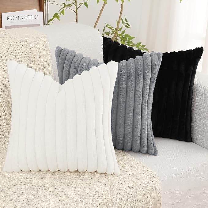 decorUhome Faux Fur Spring Throw Pillow Covers 18x18 Set of 2, Decorative Soft Plush Striped Neutral Couch Pillow Covers with Velvet Back for Sofa, Bed, Living Room Home, White