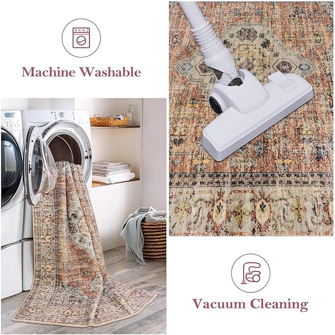 Lahome Oriental Washable Rug Runners for Hallways, 2x5 Kitchen Runner Rug Non Slip with Rubber Backing Ultra-Thin Vintage Carpet for Bedroom Bathroom, Peach/Orange