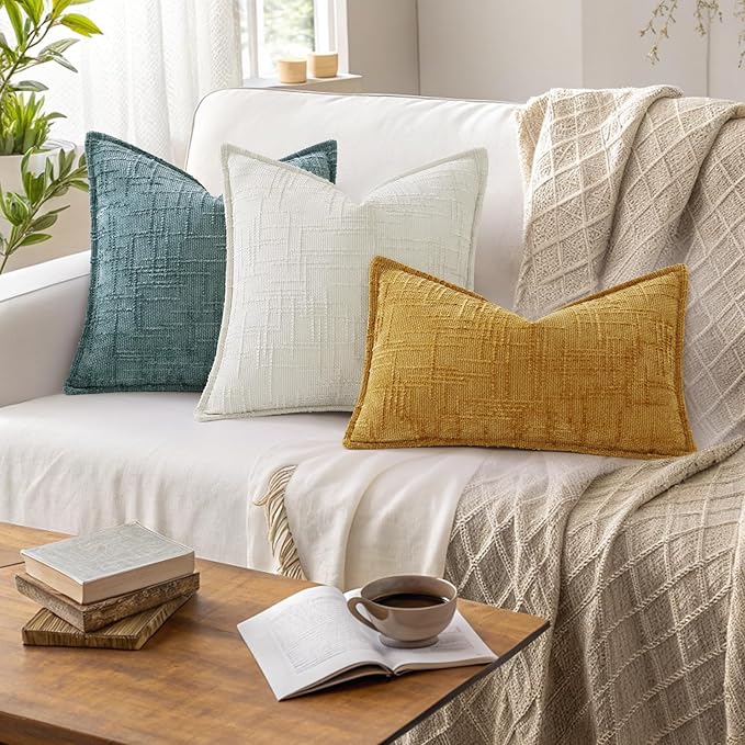 decorUhome Chenille Spring Throw Pillow Covers 18x18 Set of 2, Thick Textured Slubby Neutral Decorative Pillow Covers with Elegant Design for Couch, Sofa, Living Room, Cream White