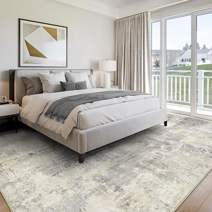 AREAMAY Washable Area Rug 5x7 - Neutral Modern Abstract Rugs, Soft Non Slip Thin Carpet with for Bedroom, Under Dining Room Table, Home, Office, Dorm, Office Rolling Chair - Brown Grey