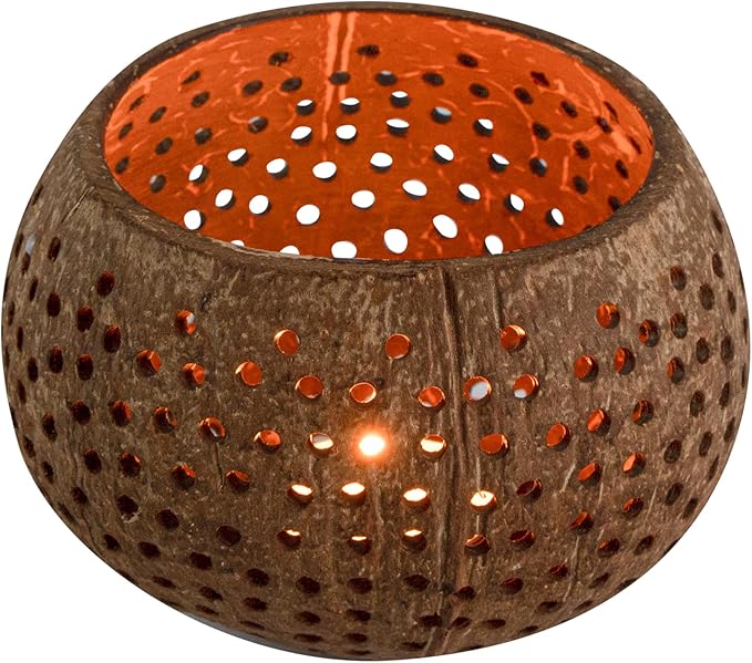 Restaurantware-Coco Casa 4 x 3.3 Inch Coconut Shell Candle Holders, 10 Reusable Tealight Holders - Candle Not Included, Dotted Pattern, Brown Coconut Bowls For Candles, Handcrafted,