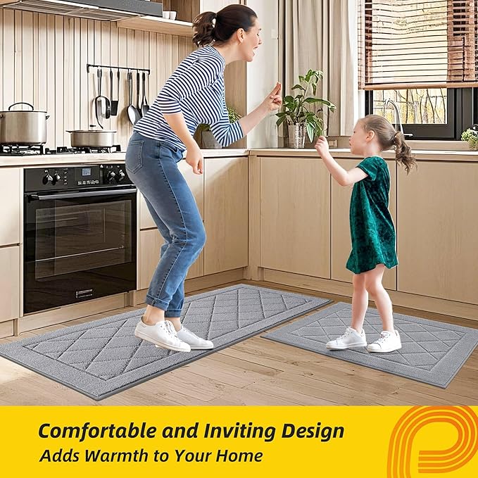 JSEI Non-Slip Kitchen Rugs, Self Adhesive No Sliding Kitchen Mats Set of 2, Soft Washable Absorbent Floor Mat for Kitchen, Bathroom, Laundry Room, Bedroom, 20”x32”+32”x48”, Light Grey, Diamond Pattern