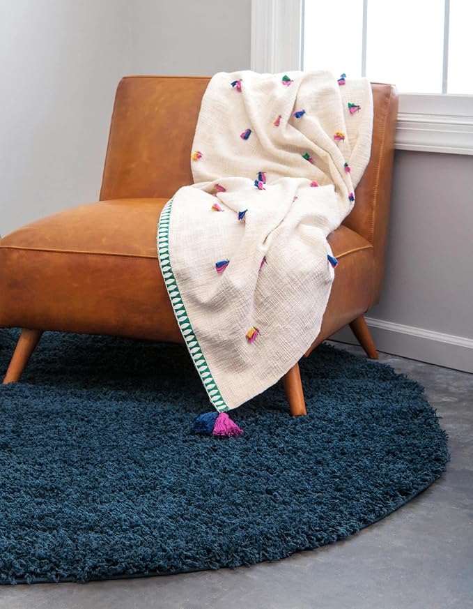 Unique Loom Solid Shag Collection Area Rug (4' 1" Round, Sapphire Blue/ Navy Blue)