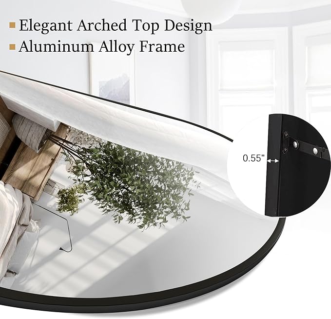 64"x21"Floor Mirror Arched Full Length Mirros, Mirror Floor Length Standing Hanging or Leaning & Large Full Body & Wall Mirror for Bedroom, Living Room, Aluminum Frame, Black