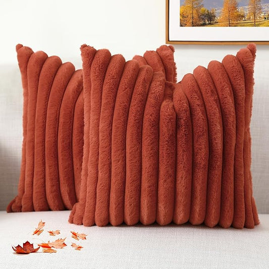 decorUhome Faux Fur Spring Throw Pillow Covers 26x26 Set of 2, Decorative Soft Plush Striped Neutral Couch Euro Sham Pillow Covers with Velvet Back for Sofa, Bed, Living Room Home, Rust