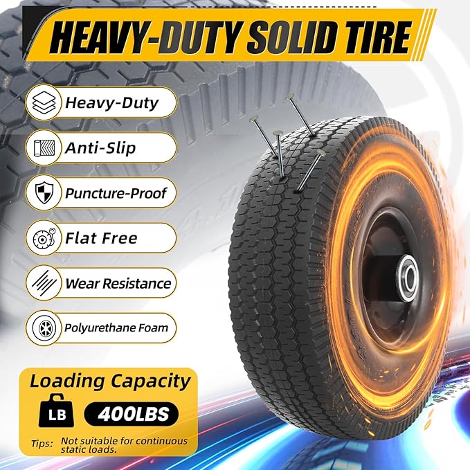 MZREXN 10 Inch Solid Tires 4.10/3.50-4 Flat Free Tire and Wheel Replacement, with 5/8" Axle Bore Hole, 2"-2.2" Offset Hub, for Hand Truck Garden Cart Trolleys Yard Trailers Utility Cart, Black, 2PCS
