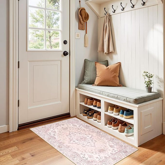 RELEANY Area Rugs 2'x4' Washable Non-Slip, Floral Vintage Distress Print Pattern Medallion Carpet for Living Room Bedroom Dining Room, Pink Greypink Cute