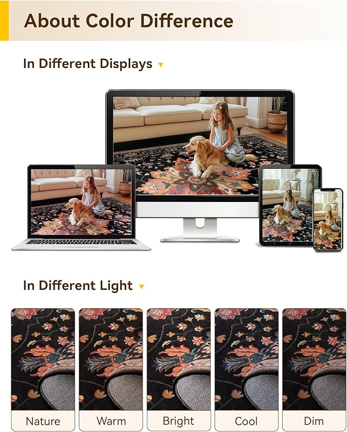 RELEANY Area Rugs 2'6''x8' Washable Non-Slip, Floral Vintage Distress Print Pattern Medallion Carpet for Living Room Bedroom Dining Room, Black Colorful Floral Dark Tan