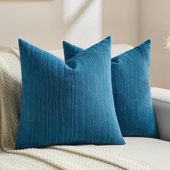FUTEI Teal Chenille Decorative Throw Pillow Covers 24x24 Inch Set of 2,Soft Crushed Striped Texture European Cushion Case,Modern Home Decor for Couch Bed Living Room