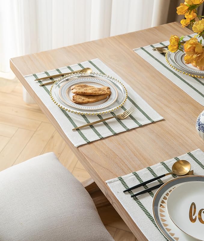Caflife Boho Farmhouse Placemats Set of 4, Green Beige Stripes Cotton Linen Woven Table Mats for Modern Dining Table, 13x19 Inch Rustic Kitchen Decor Place Mats