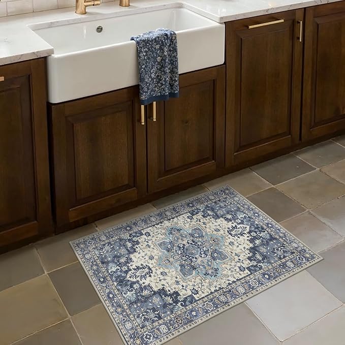 BESBLEE Area Rug 2x3 Doormat, Machine Washable Low Pile Vintage Rugs, Small Lightweight Rug Entryway Indoor Mat for Entrance, Hallway, Kitchen and Corridor, Center Blue