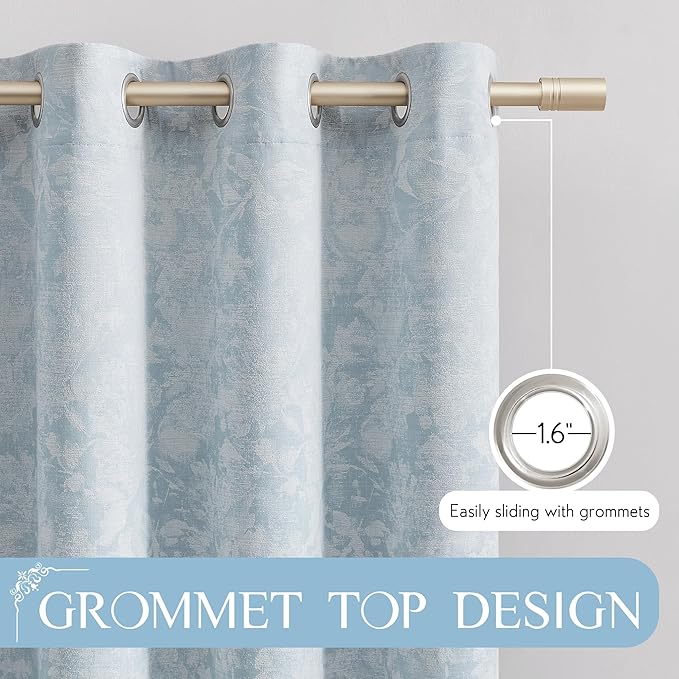 Beauoop Blue Floral Jacquard Blackout Curtains 72 Inches Long 2 Panels for Bedroom Living Room Chenille Flower Room Darkening Thermal Insulated Soundproof Grommet Window Treatments Drapes, 52x72