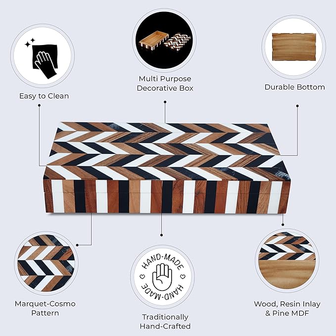 Handicrafts Home Large Decorative Storage Box 12x6– Coffee Table Organizer Box, Modern Home Décor Accent, Keepsake Memory Box, Jewelry Storage Box, Boho Decorative Box with Lid for Shelf, Mantle Decor