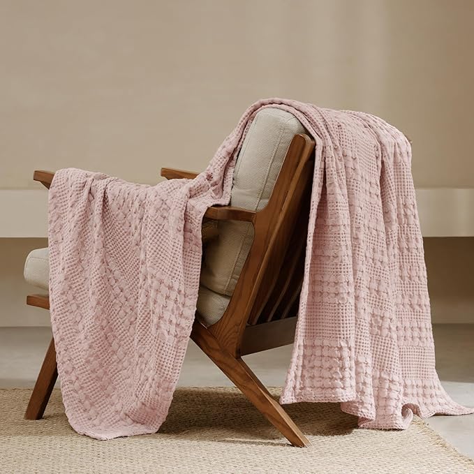 PHF 100% Cotton Waffle Weave Throw Blanket, Soft Lightweight Breathable Cozy Throws for Couch Bed Sofa, 300 GSM Luxury Aesthetic Blanket Gift for Home Decor & Office, 50"x60", Pink/Mauve