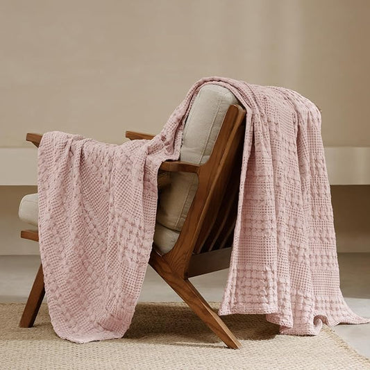 PHF 100% Cotton Waffle Weave Throw Blanket, Soft Lightweight Breathable Cozy Throws for Couch Bed Sofa, 300 GSM Luxury Aesthetic Blanket Gift for Home Decor & Office, 50"x60", Pink/Mauve