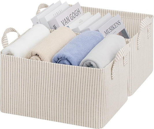 StorageWorks Storage Bins, Fabric Storage Bins for Shelves, Storage Baskets with Metal Frame, Closet Baskets and Bins with Handles, Khaki and Beige Stripes, 2-Pack