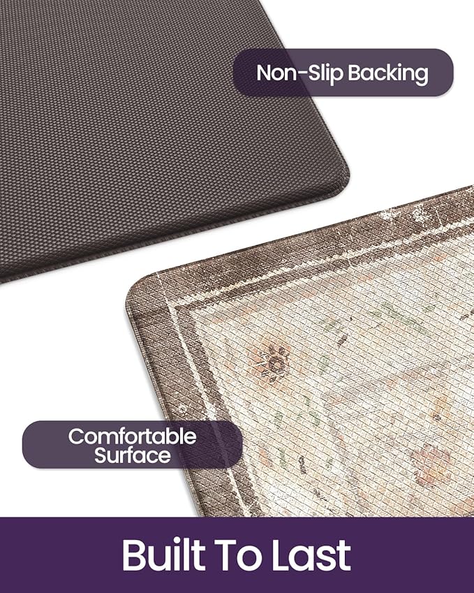 DEXI Kitchen Floor Mats Anti Fatigue, 17x29+17x59 Large Cushioned Runner Rug Waterproof, Standing Comfort Memory Foam Padded for Front Sink Laundry Office Set of 2, Beige and Brown