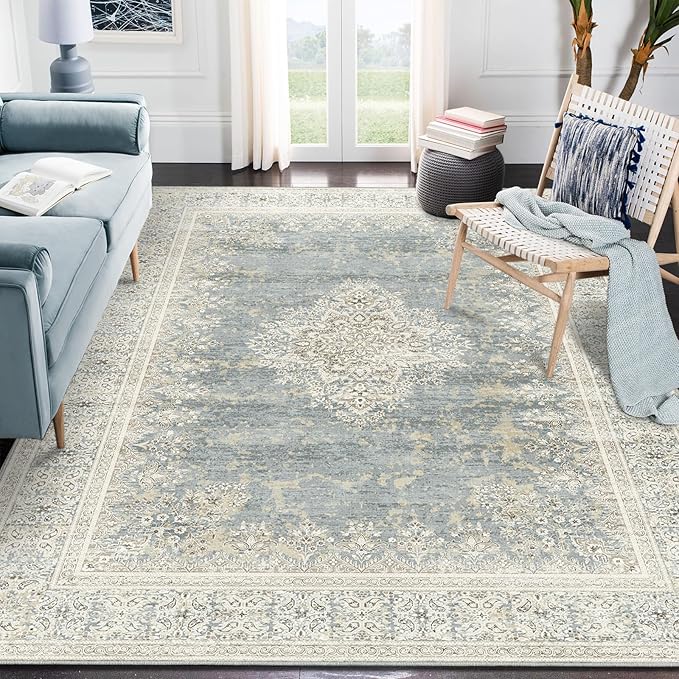 Fortsea Area Rug 7x9, Washable Gray Vintage Rug, Traditional Floor Cover Thin Rug, Retro Indoor Distressed Non Slip Carpet, Floral Print Mat Living Room Bedroom (Grey/Light Camel, 7X9)
