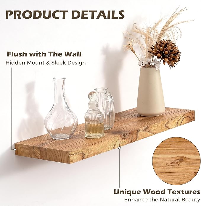 24 Inch Floating Shelves for Wall, 8"D High End Solid Hardwood Shelves for Decor Storage, Rustic Wall Shelves with Invisible Heavy Duty Brackets for Living Room, Kitchen, Bathroom, Natural, 2 Pack