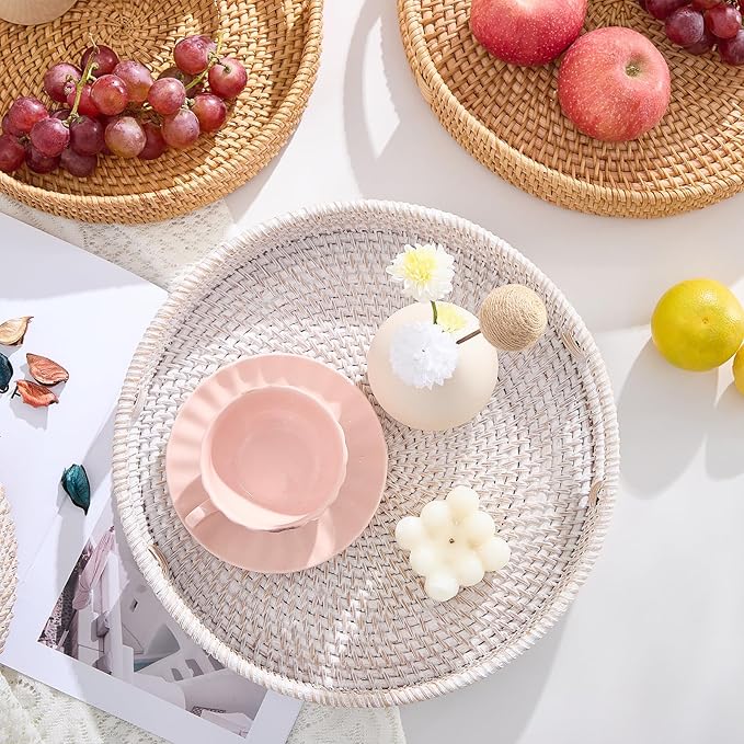 Round Rattan Serving Tray,Hand-Woven Tray with Handles, Ottoman Decorative Coffee Table Tray,Wicker Storage Basket for Tea,Fruit,Bread (Whitewash, 13.5")
