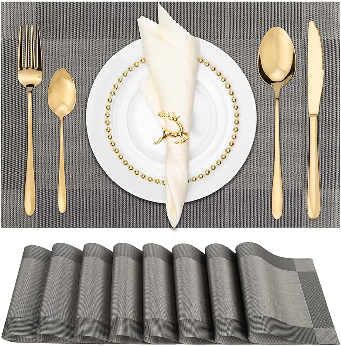 Winknowl Placemats for Dining Table Set of 8 Waterproof, Woven Place Mats for Kitchen Table Vinyl Heat Insulation Stain Resistant Placemats (Gray)