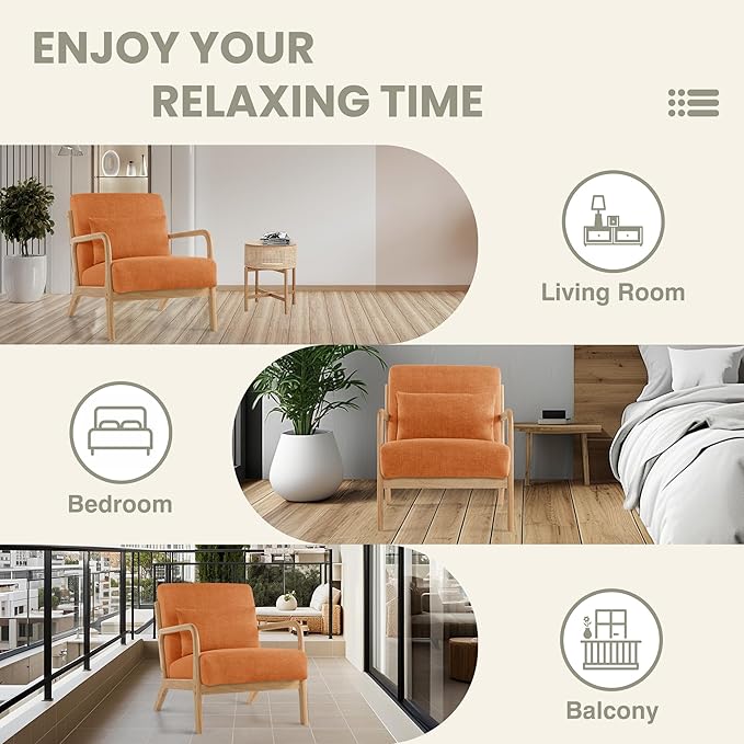 Aunekiv Accent Chair with Pillow Upholstered Mid-Century Chair Living Room Chair for Small Space Solid Wood Frame Reading Chair with Soft and Thick Cushion Armchair for Bedroom Balcony Orange 1PC