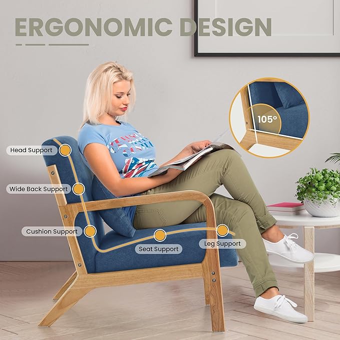 Aunekiv Accent Chair with Pillow Upholstered Mid-Century Chair Living Room Chair for Small Space Solid Wood Frame Reading Chair with Soft and Thick Cushion Armchair for Bedroom Balcony Blue 1PC