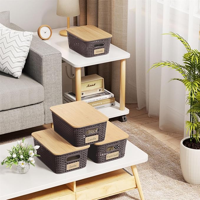 Plastic Storage Bins with Bamboo Lid - Stackable Pantry Storage Organizer with Lid - Storage Basket with Lable for Organizing: Small Storage Box for Shelves Cabinet Office Drawer Desktop 10x7x4in 6Pcs