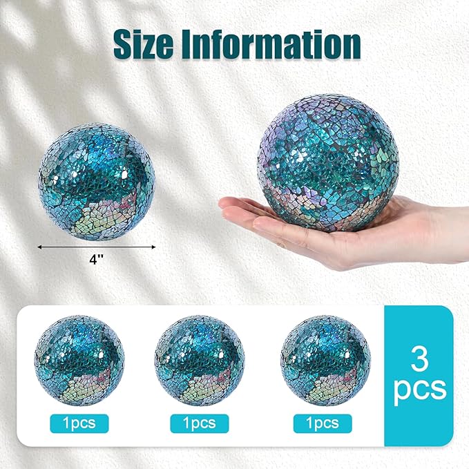DomeStar 3PCS Decorative Balls for Bowls, 4 Inch Turquoise Orbs Glass Balls for Centerpiece Bowls Mosaic Sphere for Home Decoration Dining Table