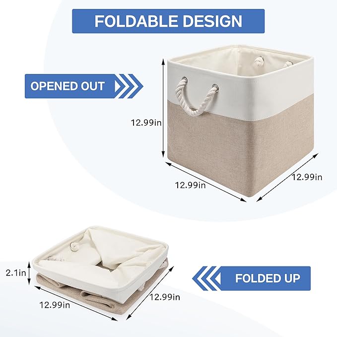 Collapsible Storage Bins, 4 Pack 13 x 13 Inch Fabric Cube Baskets with Cotton Rope Handles for Organizing Clothes, Toys, Books, Office, Closet – Foldable Storage Baskets for Home (White Beige)