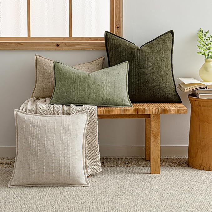 a moment Linen Pillow Covers Set of 2,Boho Farmhouse Throw Pillowcases Neutral Textured Decorative Covers for Couch Sofa,Linen Blend Accent Case Cushion Living Room Home Decor 22"x22"Seeding Green