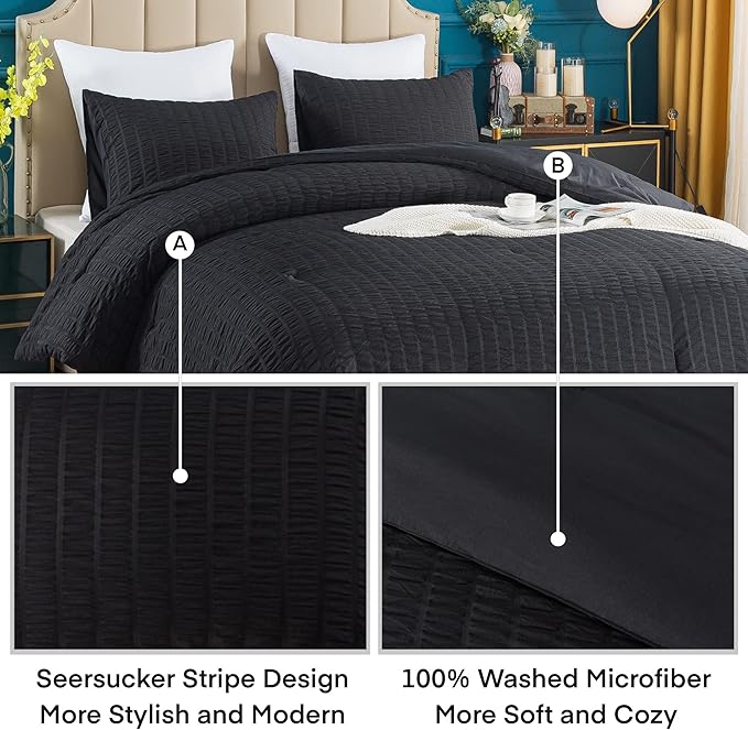 AveLom Seersucker King Comforter Set (104x90 inches), 3 Pieces - 100% Soft Washed Microfiber Lightweight Comforter with 2 Pillowcases, All Season Down Alternative Comforter Set for Bedding, Black