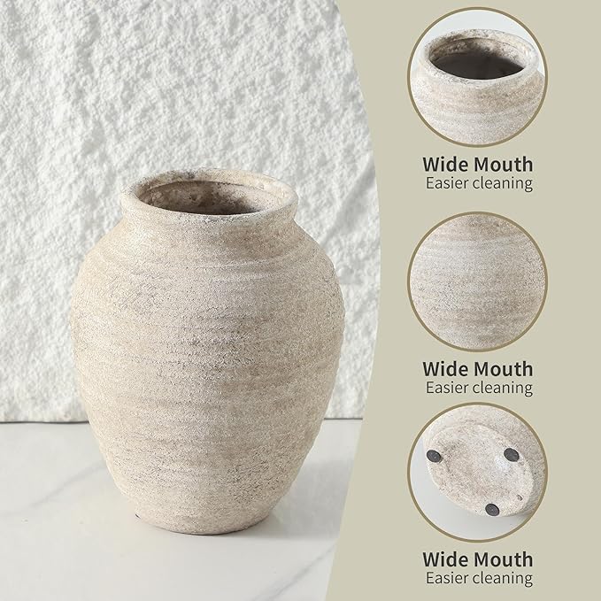Ceramic Flower Vase - Farmhouse Rustic Vase for Home Decor Handcrafted Pottery Vase Small Terracotta Vases for Dining Table Decor Fireplace Living Room Bathroom Wedding Centerpiece