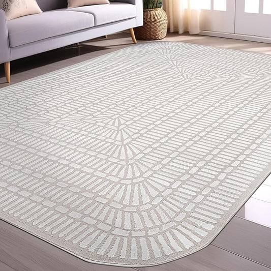 Beverly Rug Modern Geometric Area Rug 5x7 Low-High Pile Durable Soft Abstract Grid Indoor Rugs for Living Dining Room Office Stain Resistant Non Shedding Casual Indoor Carpet Beige White 5 x 7