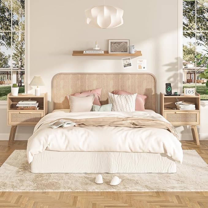 Lerliuo Rattan Nightstands Set of 2 with Charging Station, Boho Night Stand with Handmade Natural Rattan Drawer and Open Shelf, Side End Tables with Solid Wood Legs for Bedroom, Dorm, Small Spaces