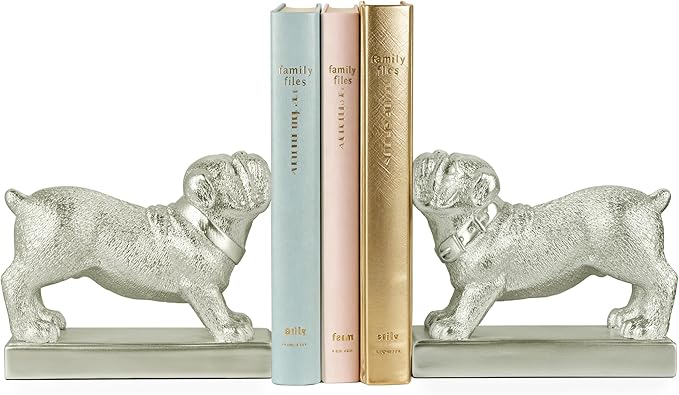 Decorative Bookends for Shelves, Dog Book Ends for Heavy Books, Bulldog Statues Bookends for Heavy Books with Anti-Slip Base Book Holders for Home Office Decor (Silver)