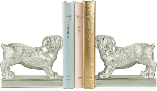 Decorative Bookends for Shelves, Dog Book Ends for Heavy Books, Bulldog Statues Bookends for Heavy Books with Anti-Slip Base Book Holders for Home Office Decor (Silver)