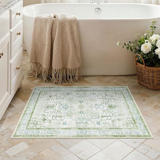 BESBLEE Area Rug 2x3 Doormat, Machine Washable Low Pile Vintage Rugs, Small Lightweight Rug Entryway Indoor Mat for Entrance, Hallway, Kitchen and Corridor, Cream Green