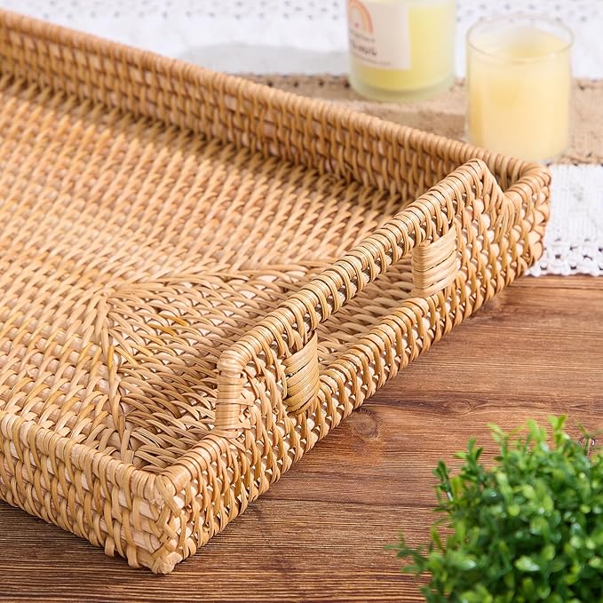 Rattan Rectangular Serving Tray with Handles, Hand-Woven Wicker Decorative Tray for Coffee Table,Vintage Boho Style Decor for Dining, Kitchen, Bathroom, Outdoor(14.4"x10.4"x1.4")