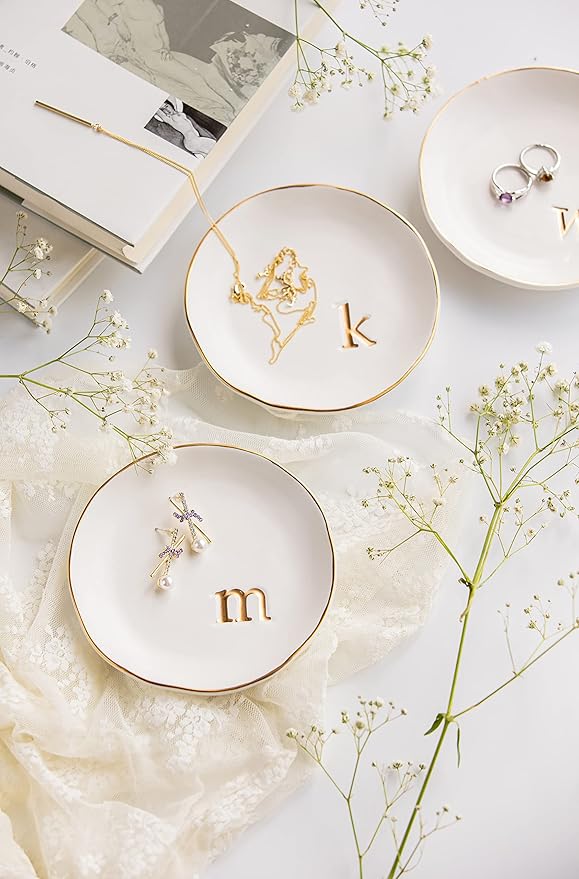 COLLECTIVE HOME - Ceramic Jewelry Tray, Decorative Trinket Dish for Rings Earrings Necklaces Bracelet Watch Keys, Birthday Mother's Day Christmas Gift for Women, 4.75", White Surface (C)